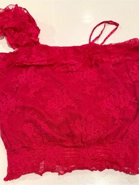 Arden B Red Lace Camisole with Sheer Floral Overlay